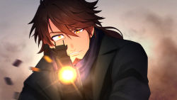 Rule 34 | 1boy, aiming, aiming at viewer, belmond banderas, black jacket, brown eyes, brown hair, choco (chocovix112), facial hair, firing, firing at viewer, gun, hair between eyes, highres, jacket, long hair, looking at viewer, low ponytail, male focus, motion blur, nijisanji, outdoors, parted lips, ponytail, purple scarf, scarf, shell casing, solo, stubble, sunset, thick eyebrows, upper body, virtual youtuber, weapon