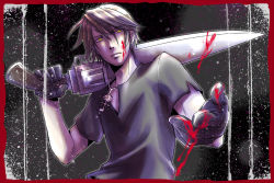 Rule 34 | 1990s (style), 1boy, black gloves, blood, brown hair, final fantasy, final fantasy viii, gloves, gunblade, jewelry, male focus, necklace, outstretched hand, shirt, short hair, solo, squall leonhart, sword, weapon, yellow eyes