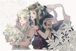Rule 34 | 2girls, 3rdk0n, bare shoulders, blush, bouquet, fire emblem, fire emblem: three houses, flower, green eyes, green hair, hair flower, hair ornament, highres, long hair, matching hair/eyes, mother and daughter, multiple girls, nintendo, open mouth, pointy ears, rhea (fire emblem), ribbon, simple background, smile, sothis (fire emblem), spoilers, white background, aged down