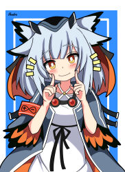 Rule 34 | 1girl, absurdres, arknights, armband, blue background, blush, bright pupils, coat, commentary request, dress, feather hair, fingers to cheeks, fingersmile, goggles, goggles around neck, grey coat, grey hair, hendra, highres, inset border, looking at viewer, orange eyes, owl ears, owl girl, ptilopsis (arknights), rhine lab logo, solo, upper body, veil, white background, white dress, white pupils