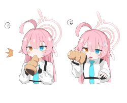 1girl absurdres ahoge black_gloves blue_archive blue_eyes blue_necktie blush bread chocolate_cornet collared_shirt commentary derivative_work eating fingerless_gloves food gloves halo heterochromia highres holding holding_food hoshino_(blue_archive) long_hair long_sleeves lucky_star multiple_views necktie pink_hair pink_halo shirt simple_background tongue tongue_out unli_free white_background white_shirt yellow_eyes