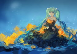 Rule 34 | 1girl, afra, ahoge, bare shoulders, blue background, collarbone, crossed arms, detached sleeves, dress, frills, green eyes, green hair, hatsune miku, long hair, looking at viewer, matching hair/eyes, solo, star (symbol), strapless, strapless dress, twintails, very long hair, vocaloid