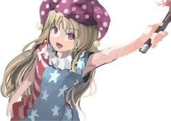 Rule 34 | 1girl, american flag dress, bare arms, blonde hair, clownpiece, hat, ichiba youichi, jester cap, long hair, looking at viewer, open mouth, outstretched arm, pink eyes, smile, solo, torch, touhou, upper body, very long hair