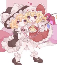 Rule 34 | 2girls, ascot, black footwear, black headwear, black shirt, black skirt, blonde hair, blush, bobby socks, bow, commentary request, crystal wings, fang, flandre scarlet, frilled ascot, frilled bow, frilled ribbon, frilled skirt, frills, full body, hat, hat bow, hat ribbon, heart, heart-shaped pillow, highres, holding, holding leash, kirisame marisa, kneeling, leash, mob cap, multiple girls, nagomi (nagomi 12), open mouth, pillow, puffy short sleeves, puffy sleeves, red eyes, red ribbon, red skirt, red vest, ribbon, shirt, short hair, short sleeves, side ponytail, simple background, sitting, skin fang, skirt, smile, socks, touhou, vest, white background, white bow, white headwear, white ribbon, white shirt, white socks, witch hat, wrist cuffs, yellow ascot, yellow eyes