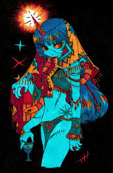 Rule 34 | 1girl, asymmetrical clothes, black background, blue hair, blue skin, braid, chalice, colored sclera, colored skin, commentary, crop top, cup, extra arms, fingernails, glowing horns, horns, jewelry, limited palette, long fingernails, long hair, midriff, navel, orange sclera, original, pelvic curtain, red eyes, ring, single braid, single horn, snake, stitches, symbol-only commentary, tassel, tattoo, veil, yamakita higashi