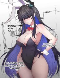 Rule 34 | 1girl, ?, alternate costume, animal ears, areola slip, bare arms, bare shoulders, black gloves, black hair, black horns, black leotard, blue hair, blush, bow, bowtie, breasts, broken horn, cleavage, closed mouth, colored inner hair, commentary, detached collar, english commentary, english text, fake animal ears, fake tail, gloves, hairband, hand on own hip, highres, hololive, hololive english, horns, large breasts, leotard, long hair, looking at viewer, mayoa, mole, mole under eye, multicolored hair, nerissa ravencroft, pantyhose, playboy bunny, purple eyes, rabbit ears, rabbit tail, red bow, red bowtie, solo, tail, thighs, two-tone hair, virtual youtuber, white hairband, wrist cuffs