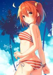 Rule 34 | 1girl, :&lt;, ahoge, artist name, ass, bare shoulders, bikini, blush, bracelet, breasts, brown eyes, butt crack, cloud, commentary request, day, fate/grand order, fate (series), from behind, fujimaru ritsuka (female), fujimaru ritsuka (female) (brilliant summer), hair between eyes, hair ornament, hair scrunchie, highres, jewelry, looking at viewer, looking back, medium breasts, official alternate costume, one side up, orange hair, palm tree, scrunchie, short hair, side-tie bikini bottom, signature, sky, solo, striped bikini, striped clothes, swimsuit, toosaka asagi, tree