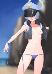 Rule 34 | 1girl, afe., bikini, black vest, blue archive, blue bikini, blue hair, blurry, blurry background, bracelet, breasts, collarbone, groin, hair over eyes, halo, hat, jewelry, naked vest, navel, nipples, no bra, outdoors, peaked cap, small breasts, solo, stomach, swimsuit, untied bikini, valkyrie police academy student, vest