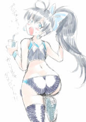 Rule 34 | 1girl, antenna hair, ass, black hair, cup, earrings, ganaha hibiki, hair ribbon, idolmaster, idolmaster (classic), jewelry, long hair, looking at viewer, open mouth, ponytail, ribbon, shoes, simple background, sneakers, solo, thighhighs, tukiwani, white background