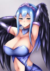 Rule 34 | 1girl, :o, armlet, armpits, arms up, bare shoulders, black wings, blue eyes, blue hair, blush, breasts, cleavage, clothing cutout, commentary request, duel monster, feathered wings, half-closed eyes, harpie oracle, harpy, headpiece, large breasts, light blue hair, long hair, looking at viewer, midriff, monster girl, navel, ootori subaru, pointy ears, sagging breasts, solo, stomach cutout, tsurime, upper body, wings, yu-gi-oh!