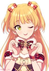 Rule 34 | 1girl, agata (agatha), bad id, bad twitter id, blonde hair, blush, bow, christmas, christmas ornaments, earrings, eyelashes, green eyes, hair ornament, idolmaster, idolmaster cinderella girls, jewelry, jougasaki rika, long hair, looking at viewer, one eye closed, simple background, smile, solo, tongue, tongue out, twintai, two side up, white background