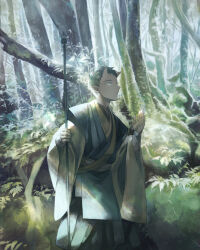 Rule 34 | 1boy, black hair, forest, hand up, highres, hise, holding, holding staff, horns, japanese clothes, kimono, male focus, nature, oni, oni horns, original, outdoors, pointy ears, scenery, short hair, staff, standing, tree, wide sleeves, yellow eyes