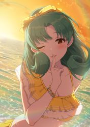 Rule 34 | 1girl, amochin, bare shoulders, bikini, blush, bracelet, breasts, closed eyes, collarbone, commentary request, curly hair, dutch angle, evening, finger to mouth, green hair, hair ribbon, highres, idolmaster, idolmaster million live!, index finger raised, jewelry, long hair, medium breasts, ocean, one eye closed, orange sky, parted bangs, parted lips, rainbow, red eyes, ribbon, shushing, sky, smile, solo, sun, sunlight, sunset, swimsuit, tokugawa matsuri, upper body, water, yellow bikini, yellow ribbon