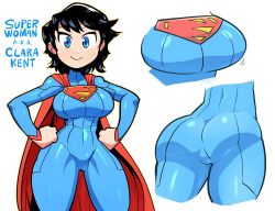 Rule 34 | 1girl, :&gt;, ass, black hair, blue bodysuit, blue eyes, blush, bodysuit, breasts, bright pupils, cape, character name, closed mouth, commentary, covered navel, dc comics, english commentary, genderswap, genderswap (mtf), hands on own hips, highres, large breasts, long sleeves, looking at viewer, rariatto (ganguri), red cape, simple background, smile, solo, standing, superman, superman (series), white background, wide hips