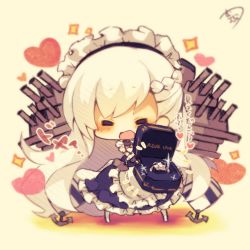 Rule 34 | 1girl, = =, apron, azur lane, beige background, belfast (azur lane), blue dress, blush, box, braid, cannon, chibi, closed eyes, dress, facing viewer, frilled apron, frills, gloves, heart, holding, holding box, jewelry, long hair, maid, maid headdress, muuran, open mouth, pantyhose, ring, ring box, signature, silver hair, sleeveless, sleeveless dress, solo, sparkle, standing, translation request, turret, very long hair, waist apron, white apron, white gloves, white pantyhose