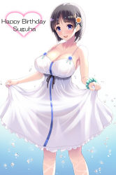 Rule 34 | 1girl, aqua scrunchie, bare arms, bare shoulders, black hair, black ribbon, blue eyes, blunt bangs, breasts, character name, cleavage, collarbone, dress, feet out of frame, flower, gradient background, hair flower, hair ornament, happy birthday, heart, highres, kawase seiki, kirigaya suguha, large breasts, legs apart, looking at viewer, ribbon, scrunchie, see-through, see-through silhouette, short hair, skirt hold, sleeveless, sleeveless dress, solo, spaghetti strap, standing, sundress, sword art online, tareme, water drop, white background, white dress, wrist scrunchie