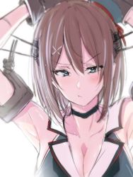 Rule 34 | &gt;:/, 10s, 1girl, :/, armpits, arms up, bad id, bad twitter id, bare shoulders, black gloves, blue eyes, blush, breasts, brown hair, choker, cleavage, closed mouth, collarbone, gloves, hair between eyes, hair ornament, headgear, kantai collection, large breasts, looking at viewer, maya (kancolle), school uniform, serafuku, short hair, sleeveless, solo, sweat, ulrich (tagaragakuin), upper body, v-shaped eyebrows, x hair ornament