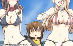 Rule 34 | +++, 3girls, bikini, blonde hair, blue sky, blush, breast envy, breasts, brown eyes, brown hair, commentary, dated, day, empty eyes, folded ponytail, hamu koutarou, head out of frame, highres, inazuma (kancolle), iowa (kancolle), kantai collection, large breasts, long hair, multiple girls, navel, one-piece swimsuit, plasma-chan (kancolle), saratoga (kancolle), shaded face, sky, swimsuit, torpedo