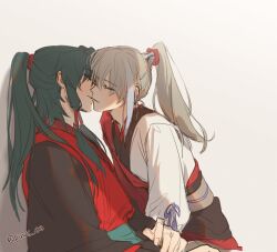 Rule 34 | 2boys, archer (fate/samurai remnant), black hanfu, chinese clothes, closed eyes, fate/samurai remnant, fate (series), green hair, grey hair, hair ornament, hanfu, high ponytail, kiss, long hair, low-tied sidelocks, male focus, multicolored hair, multiple boys, pinus 00, ponytail, red hanfu, red robe, robe, sidelocks, simple background, streaked hair, white background, white hair, white hanfu, xiao guan (headdress), yaoi, zheng chenggong (fate)