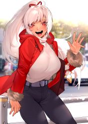 Rule 34 | 1girl, absurdres, autumn, backlighting, belt, black pants, blurry, blurry background, blush, breasts, casual, coat, commentary, commission, dark-skinned female, dark skin, day, english commentary, fingernails, fur trim, high-waist pants, highres, hood, hood down, hooded coat, kanami yano (uzumesguard), large breasts, long hair, on railing, open mouth, original, pants, ponytail, railing, red coat, red eyes, second-party source, shishamo 712, skeb commission, smile, solo, sweater, turtleneck, turtleneck sweater, waving, white hair, white sweater