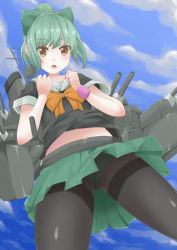 Rule 34 | 10s, 1girl, bad id, bad pixiv id, black pantyhose, bow, bowtie, brown eyes, crop top, crotch seam, from below, green hair, green panties, green skirt, hair bow, high ponytail, kantai collection, looking at viewer, looking down, neckerchief, open mouth, panties, panties under pantyhose, pantyhose, pinta (ayashii bochi), pleated skirt, ponytail, sailor collar, school uniform, serafuku, skirt, solo, thighband pantyhose, underwear, wristband, yuubari (kancolle)