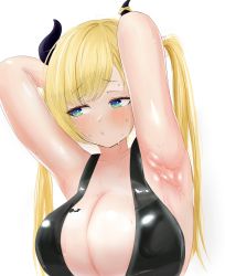 Rule 34 | 1girl, armpits, arms up, artist request, black bra, blonde hair, blush, bra, breasts, cleavage, collarbone, embarrassed, green eyes, highres, hololiev, hololive, horns, large breasts, looking away, solo, sweat, swept bangs, twintails, underwear, upper body, virtual youtuber, wet, white background, yuzuki choco