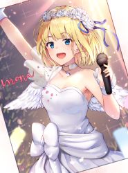 Rule 34 | 1girl, bare shoulders, black cola, blonde hair, blue eyes, blue ribbon, breasts, collarbone, commentary, dress, feathered wings, flower, hair flower, hair ornament, hair ribbon, holding, honeyworks, large breasts, narumi mona, open mouth, ribbon, solo, white dress, white flower, wings