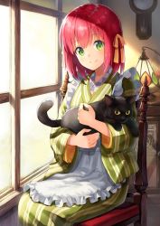 Rule 34 | 1girl, animal, apron, black cat, blush, camera, cat, chair, clock, closed mouth, commentary request, day, desk lamp, feet out of frame, frilled apron, frills, green eyes, green kimono, hair ribbon, head tilt, highres, holding, holding animal, holding cat, indoors, japanese clothes, kimono, lamp, long sleeves, looking at viewer, medium hair, nonono (nononotea), on chair, original, pendulum clock, pet, red hair, ribbon, shelf, signature, sitting, smile, solo, striped clothes, striped kimono, sunlight, waist apron, window, yellow ribbon