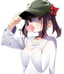 Rule 34 | 1girl, bow, brown eyes, brown hair, blowing bubbles, byte (allbyte), chewing gum, hat, hat tip, highres, long sleeves, original, red bow, shirt, solo, t-shirt, twintails, white shirt