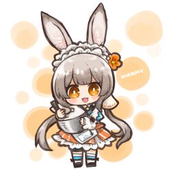 Rule 34 | 1girl, :3, animal ears, arknights, blush, bowl, character name, chibi, chibi only, commentary request, dog-san, grey hair, highres, holding, holding bowl, long hair, looking at viewer, maid headdress, material growth, open mouth, orange eyes, oripathy lesion (arknights), rabbit ears, rabbit girl, solo, teeth, twintails, upper teeth only, very long hair, warmy (arknights)