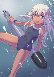 Rule 34 | alternate costume, barefoot, black one-piece swimsuit, blonde hair, blue eyes, competition school swimsuit, flat chest, flower, hair flower, hair ornament, hi-ro (rimlnet), kantai collection, long hair, looking at viewer, one-piece swimsuit, one-piece tan, open mouth, ro-500 (kancolle), school swimsuit, swimsuit, tan, tanline, torpedo, underwater