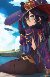 Rule 34 | 1girl, absurdres, ass, black hair, blue sky, capelet, closed mouth, cloud, commentary, from behind, fur-trimmed capelet, fur trim, genshin impact, gloves, gold trim, green eyes, hat, highres, leotard, long hair, looking at viewer, looking back, mona (genshin impact), multicolored hair, nstch root a, outdoors, pantyhose, purple hair, sky, twintails, two-tone hair, witch hat