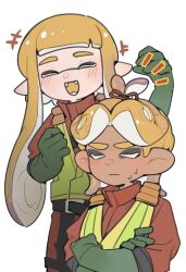 +++ 1boy 1girl blush closed_eyes closed_mouth commentary_request crossed_arms fangs gloves green_gloves high-visibility_clothing high-visibility_vest inkling inkling_girl inkling_player_character jumpsuit long_hair nintendo octoling_boy octoling_player_character open_mouth orange_hair pointy_ears salted_whale simple_background splatoon_(series) sweat tentacle_hair twintails updo white_background