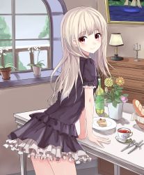 Rule 34 | 1girl, baguette, blush, bottle, bread, candle, candlestand, closed mouth, cup, food, fork, highres, kattse, knife, long hair, looking at viewer, original, pink eyes, plant, plate, potted plant, silver hair, smile, solo, table, tea, teacup