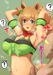 Rule 34 | 1boy, 1girl, ?, absurdres, animal ears, armband, armpits, bikini, blue eyes, blush, breasts, brown hair, daba (wandaba), eyelashes, front-tie bikini top, front-tie top, gradient background, green armband, green background, green bikini, hair between eyes, hair ornament, hetero, highres, holstered, horse ears, horse girl, large breasts, looking at another, midriff, navel, open mouth, shadow, smell, sound effects, speech bubble, spoken question mark, star (symbol), star hair ornament, steaming body, sweat, sweatdrop, swimsuit, taiki shuttle (umamusume), umamusume, upper body