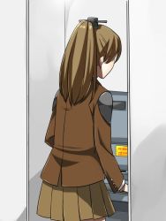 Rule 34 | 1girl, atm, brown hair, brown jacket, commentary request, from behind, jacket, kantai collection, kumano (kancolle), pleated skirt, ponytail, school uniform, skirt, solo, yoohei (pizzadev)