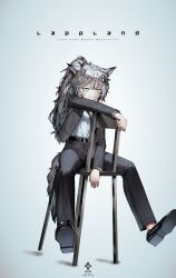 Rule 34 | 1girl, a0lp, alternate costume, alternate hairstyle, animal ears, arknights, black footwear, character name, closed mouth, fang, formal, grey eyes, grey hair, grey jacket, grey pants, highres, jacket, lappland (arknights), light smile, long sleeves, looking at viewer, open clothes, open jacket, pants, ponytail, scar, scar across eye, shirt, shirt tucked in, simple background, sitting, sitting backwards, solo, suit, tail, white background, white shirt