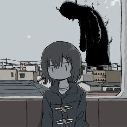 Rule 34 | 1girl, black coat, bob cut, brown hair, city, cityscape, closed mouth, coat, colored skin, darkness, day, expressionless, giant, giant monster, grey skin, grey sky, jitome, long sleeves, looking down, no sclera, original, power lines, shirt, short hair, sitting, sky, solo, train interior, umi ha kirai, upper body, white shirt, window, | |