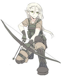 Rule 34 | 1boy, androgynous, arrow (projectile), bishounen, blade (galaxist), blonde hair, bow (weapon), closed mouth, elf, erik burton, forehead, full body, green eyes, hair between eyes, holding, holding bow (weapon), holding weapon, kneeling, load bearing vest, long hair, looking to the side, male focus, military operator, on one knee, pointy ears, pop-up story, short sleeves, simple background, smile, solo, weapon, white background