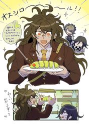Rule 34 | 1girl, 2boys, :d, ahoge, black hair, brown jacket, checkered clothes, checkered scarf, commentary request, danganronpa (series), danganronpa v3: killing harmony, dress, food, fork, glasses, gokuhara gonta, green hair, hair over one eye, happy, highres, holding, holding food, insect cage, jacket, kumakoro (tetsupag), long sleeves, maid, multiple boys, necktie, open mouth, oma kokichi, plate, round eyewear, scarf, shirt, short hair, smile, sparkle, speech bubble, sweatdrop, tojo kirumi, translation request, white background, worm, yellow background