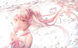Rule 34 | 1girl, bare shoulders, cherry blossoms, collared shirt, covering own mouth, crying, crying with eyes open, detached sleeves, flower, frilled shirt, frills, hair between eyes, hair flower, hair ornament, hatsune miku, holding, long hair, ozzingo, pink eyes, pink hair, sakura miku, shirt, sleeveless, sleeveless shirt, solo, spring (season), tears, twintails, underwater, upper body, vocaloid, white background, white shirt