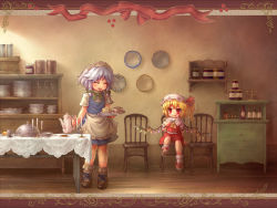 Rule 34 | 2girls, ^ ^, braid, cake, candlestand, chair, child, closed eyes, cup, drinking glass, female focus, flandre scarlet, food, food on face, hat, highres, indoors, izayoi sakuya, licking lips, maid, mary janes, multiple girls, plate, plate stack, room, sankuma, saucer, serving dome, shoes, side braid, sitting, socks, standing, table, teapot, tongue, tongue out, touhou, twin braids, wallpaper, whisk, white hat, white legwear, wine glass, wings, wooden floor, wooden table