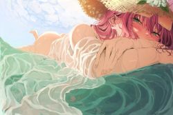 Rule 34 | 1girl, absurdres, ass, azur lane, bare shoulders, blush, commentary, day, etchi inoha sukidesuka, eyewear on head, flower, green eyes, hair between eyes, half-closed eyes, hat, hat flower, highres, long hair, looking at viewer, lying, on stomach, outdoors, pink hair, sky, solo, straw hat, sun hat, sunglasses, surcouf (azur lane), surcouf (loisirs balneaires) (azur lane), symbol-only commentary, water, wet