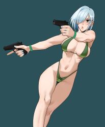 Rule 34 | 1girl, bare shoulders, bikini, breasts, dual wielding, feet out of frame, finger on trigger, fiona frost, green bikini, gun, hair over one eye, handgun, heart, heart-shaped pupils, highleg, highres, holding, holding gun, holding weapon, hong doo, korean commentary, large breasts, nail polish, navel, open mouth, parted lips, short hair, simple background, solo, spy x family, standing, swimsuit, symbol-shaped pupils, trigger discipline, weapon, white hair, wristband
