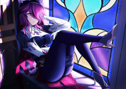 Rule 34 | 1girl, alternate costume, boots, breasts, cathedral, church interior, curvy, dealesis, genshin impact, gloves, habit, high heels, highres, large breasts, multicolored clothes, multicolored headwear, nun, purple hair, purple legwear, rosaria (genshin impact), rosaria (to the church&#039;s free spirit) (genshin impact), sitting, stained glass, thighs, white gloves, window