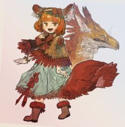 Rule 34 | 1girl, :d, animal ear fluff, animal ears, ankle boots, aokarasu punko, boots, bow, bow hairband, bowtie, brown background, brown capelet, brown footwear, brown hairband, capelet, commentary request, dress, dress bow, dual persona, full body, fur-trimmed footwear, fur trim, green dress, griffin, hair ornament, hairband, lace, lace-trimmed dress, lace trim, leaf hair ornament, looking at viewer, open mouth, orange hair, original, red bow, red bowtie, short hair, simple background, smile, standing, tail, wristlet, yellow eyes