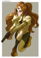 Rule 34 | 1girl, absurdres, blue eyes, breasts, brown hair, charlotte pudding, cleavage, extra eyes, full body, gun, highres, holding, holding gun, holding weapon, lips, long hair, looking to the side, one piece, rita ya, skirt, solo, standing, third eye, twintails, very long hair, weapon