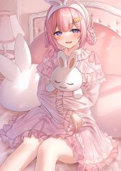 Rule 34 | 1girl, animal ears, bed, bed frame, bed sheet, blue eyes, blush, braid, carrot hair ornament, commentary, fake animal ears, fang, food-themed hair ornament, hair ornament, highres, holding, holding stuffed toy, hugging object, lace trim, lamp, looking at viewer, monaka curl, nightgown, nijisanji, open mouth, pillow, pink hair, pink nightgown, rabbit ears, short hair, smile, stuffed animal, stuffed rabbit, stuffed toy, suo sango, suo sango (2nd costume), virtual youtuber