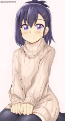 Rule 34 | 10s, 1girl, bad id, bad pixiv id, black hair, black pantyhose, blush, closed mouth, frown, gabriel dropout, hair between eyes, hair ornament, hairclip, own hands together, pantyhose, purple eyes, ribbed sweater, seiza, sitting, solo, sweater, tasora, turtleneck, twitter username, v arms, vignette tsukinose april, x hair ornament