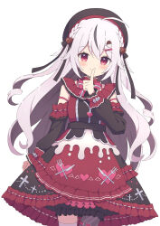 Rule 34 | 1girl, ahoge, alternate costume, beret, blush, braid, chidori hina (vtuber), commentary, commission, crown braid, detached sleeves, dress, finger to mouth, grey hair, hair ornament, hairclip, harvest moon (vtuber), hat, heart, highres, long hair, looking at viewer, red eyes, ribbon, simple background, skeb commission, smile, solo, tyomimas, virtual youtuber, white background